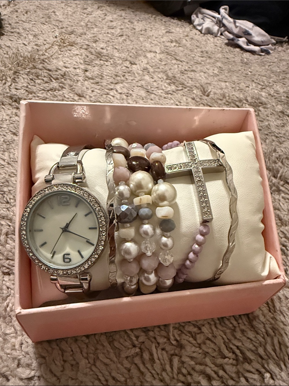 Silver Watch and Pink Pearl Stack Bracelet Set